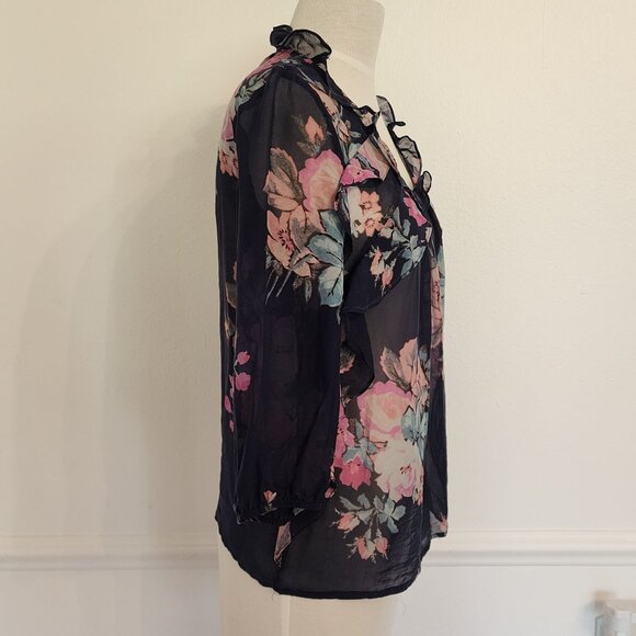 Leifsdottir Sheer Navy Floral Blouse With Ruffled Neckline & 3/4 Sleeves Size S - Picture 2 of 6